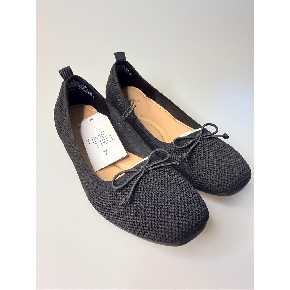 NEW Time & Tru Black Knit Ballet Flats Bow Slip On Shoes Women's Size 7 NIB